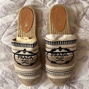 Prada Women's Black and Tan Espadrille Slippers